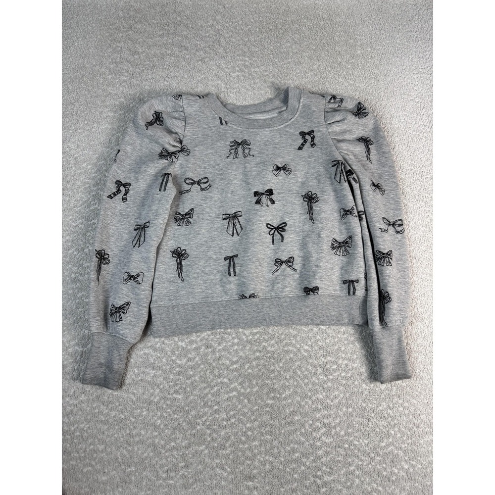 Maeve Shirt Womens Small Gray Bow Embroidered Crew Neck Puff Sleeve Sweatshirt